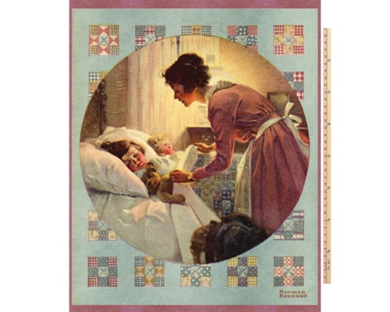 Bed Time Norman Rockwell licensed by David Textiles Digital Cotton Print Fabric Panel | 100% Cotton | Sold By the Panel